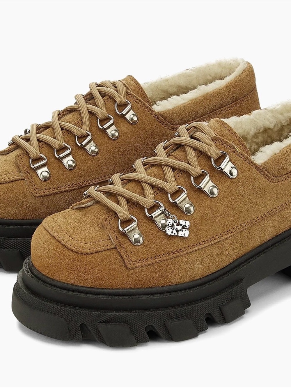 Ganni Tan Suede Lace-Up Lug Sole Boots with Shearling